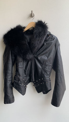 Frank Lyman Black Studded Faux Fur Faux Leather Jacket - Size Small