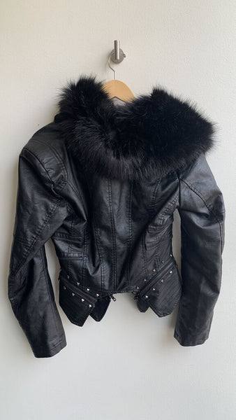 Frank Lyman Black Studded Faux Fur Faux Leather Jacket - Size Small