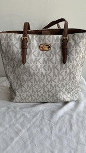 Michael Kors Cream/Brown MK Monogram Pebbled Leather Tote