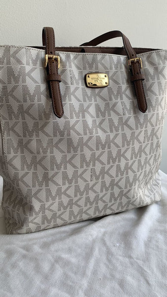 Michael Kors Cream/Brown MK Monogram Pebbled Leather Tote