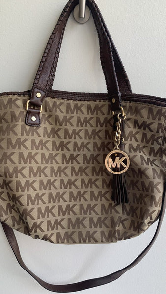 Michael Kors Brown MK Monogram Canvas Leather Strap Handbag