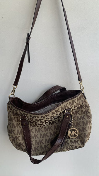 Michael Kors Brown MK Monogram Canvas Leather Strap Handbag