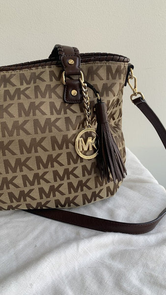 Michael Kors Brown MK Monogram Canvas Leather Strap Handbag