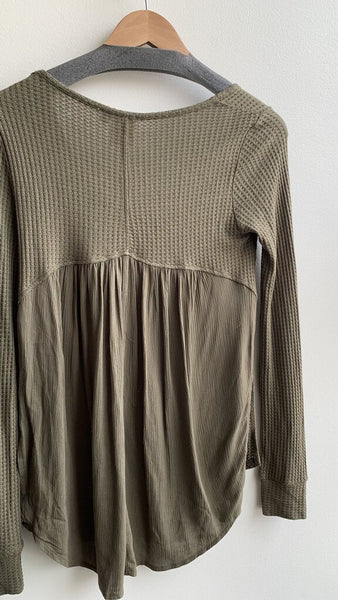 White Crow Olive Green Waffle Long Sleeve Curved Hem Top - Size X-Small