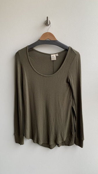 White Crow Olive Green Waffle Long Sleeve Curved Hem Top - Size X-Small