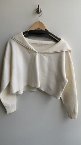 INGNI Cream Collared V-Neck Cropped Sweater - Size Medium