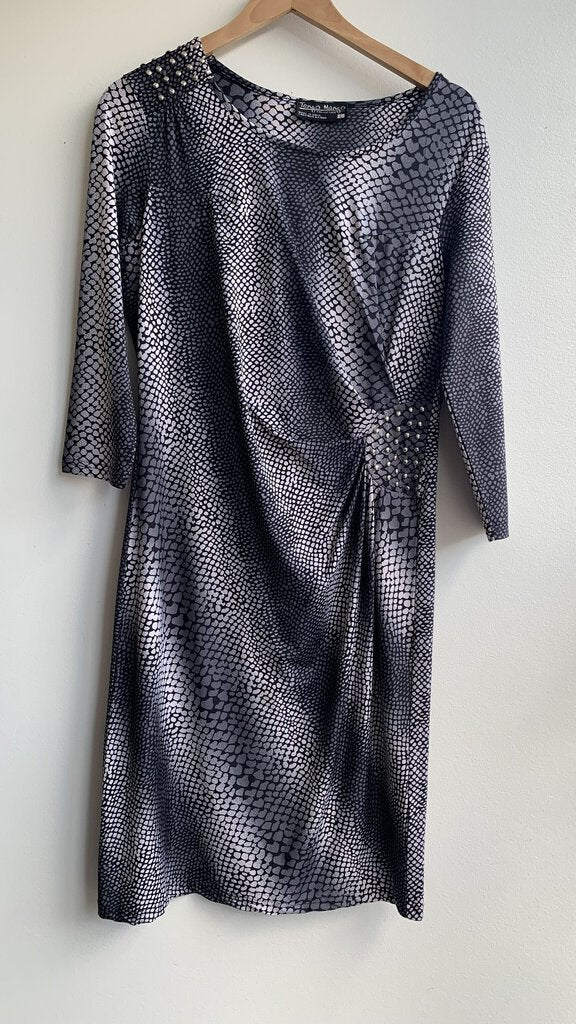 Tango Mango Grey/White Animal Print Long Sleeve Rouche Front Dress - Size Large