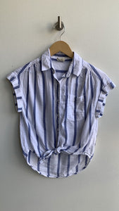 Japna White/Blue Striped Button Front Short Sleeve Shirt - Size X-Small