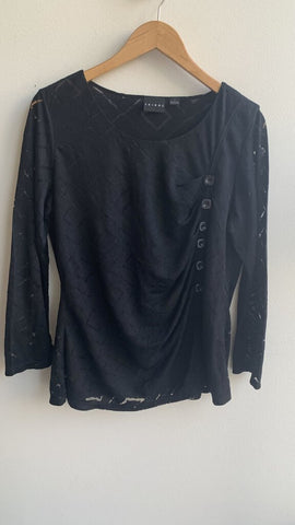 Tribal Black Side Button Diamond Print Long Sleeve Top - Size Large