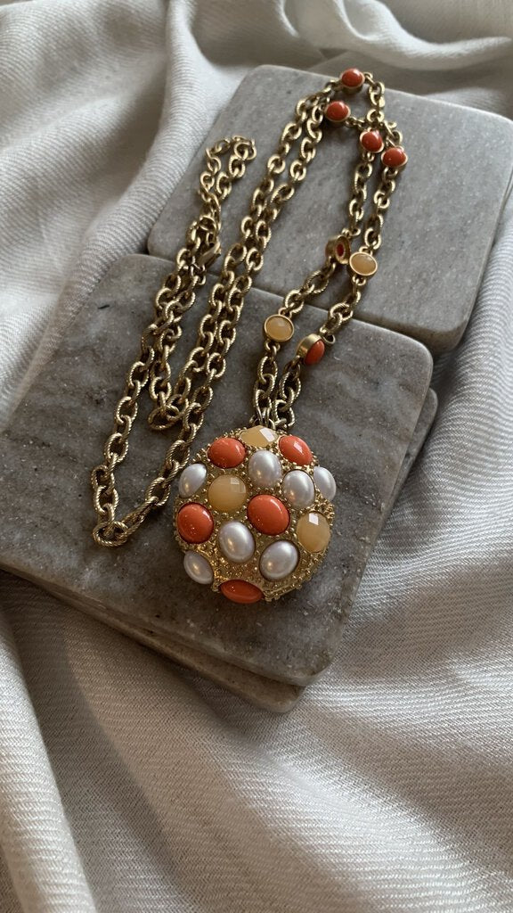 Lia Sophia Gold Orange/Pearl Pendant Long Necklace