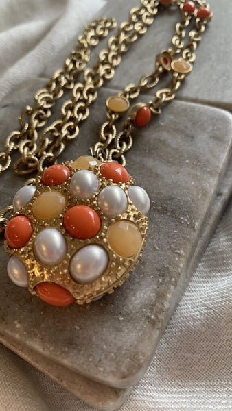 Lia Sophia Gold Orange/Pearl Pendant Long Necklace