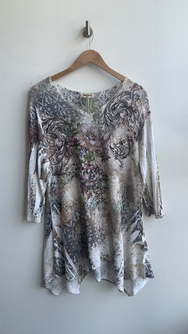 Studio Gem Q Cream Floral Printed Bejewelled Long Sleeve Tunic - Size Large