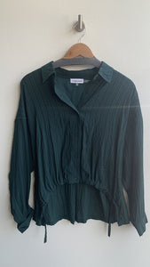 Calvin Klein Dark Green Stripe Sheer Cinch Waist Long Sleeve Blouse - Size Small