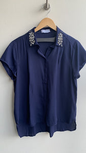 The Paragon Navy Bejewelled Collar Cap Sleeve Blouse - Size Large (Estimated)