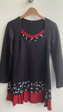 Rien ne se perd Black Leaf Print/Red Layered Look Long Sleeve Dress - Size Medium