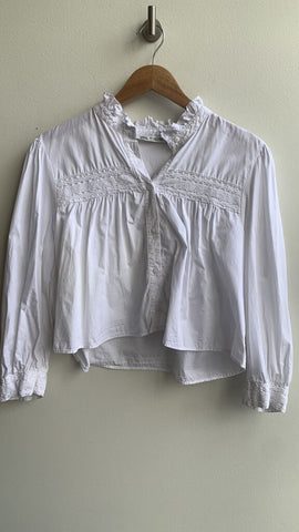 Zara White Ruffle Collar Eyelet Detail Cotton Long Sleeve Blouse - Size Large