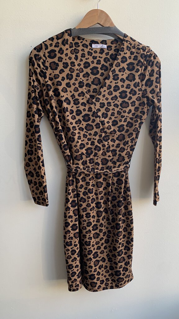 Pre-Owned Dex Brown Leopard Print Long Sleeve Belted Dress - Size Small