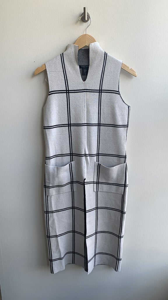 Pre-Owned Tahari Off-White/Black Windowpane Print Sleeveless Front Slit Long Knit Top - Size X-Small