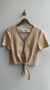 Pre-Owned MNG Yellow/White Stripe Button Front Short Sleeve Tie Front- Size XS