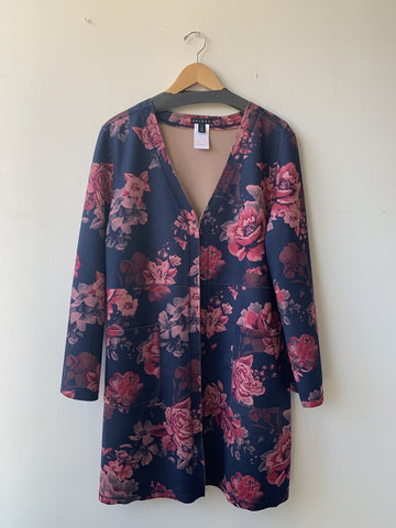 Pre-Owned Tribal Navy Floral Faux Suede Knee Length Jacket - Size X-Large