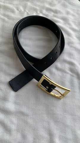 Pre-Owned Roots Black Leather Gold Buckle Belt