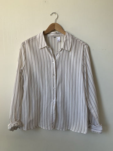 Pre-Owned H&M White/Brown Striped Long Sleeve Button Front Shirt - Size Medium