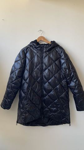 Pre-Owned Arctic Expedition Black Shiny Quilted Hooded Coat - Size Medium