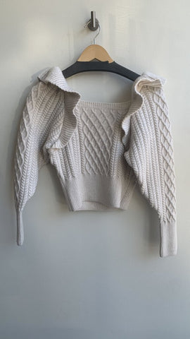 Pre-Owned H&M Beige Frill Shoulder Knit Cropped Sweater - Size X-Small