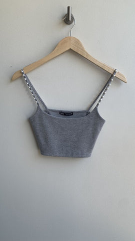 Pre-Owned Zara Grey Ribbed Thin Pearl Strap Crop Top - Size Small