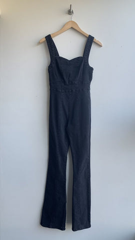 Pre-Owned Free People Black Denim Sweetheart Neck Sleeveless Jumpsuit - Size X-Small