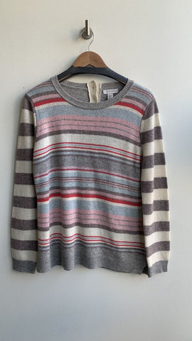 Pre-Owned KEW 159 Grey Pink Cream Blue 100% Merino Wool 3 Button Striped Longsleeve Sweater - Size XL