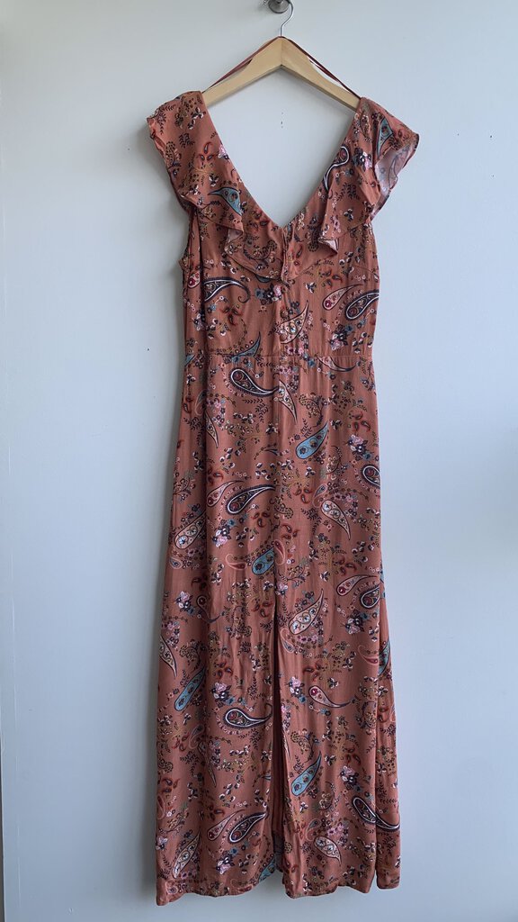 Pre-Owned Willow & Clay Rust Printed Front Slit Ruffle Cap Sleeve Maxi Dress - Size Large