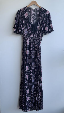 Pre-Owned Lovestitch Black Printed Gold Threaded Maxi Wrap Dress - Size Large