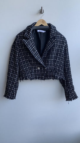 Pre-Owned Just Fab Black/White/Silver Weaved Cropped Jacket - Size X-Large