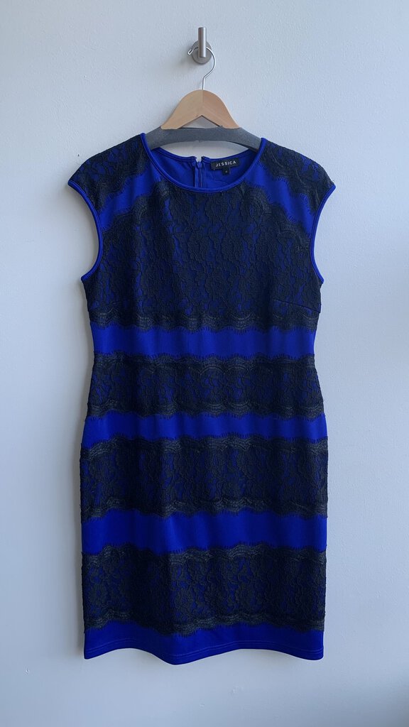 Pre-Owned Jessica Black/Cobalt Lace Stripe Sheath Dress - Size 16