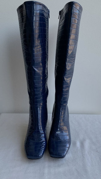 Pre-Owned Just Fab Dark Blue Croc Print Square Toe Heeled Tall Boots - Size 7.5