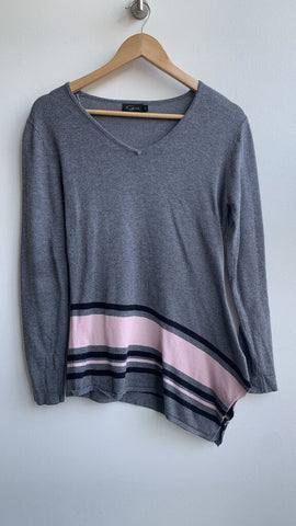 Pre-Owned Goa Grey w/ Pink Stripe Asymmetrical Hem Long Sleeve Top - Size Small