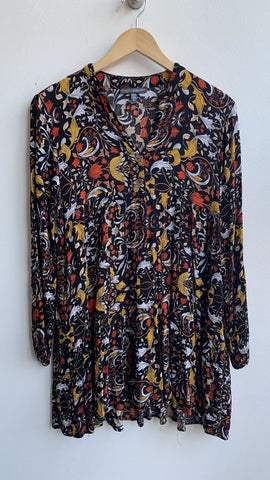 Pre-Owned Shannon Passero Black Floral Print Long Sleeve Ruffle Hem Dress - Size X-Small