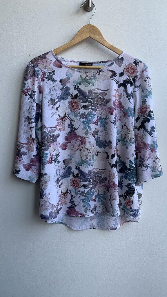 Pre-Owned REnuar Cream Floral Print 3/4 Sleeve Blouse - Size Large