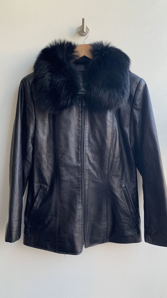 Pre-Owned David Green Black Leather Zip Front Jacket w/ Fur Collar - Size Medium