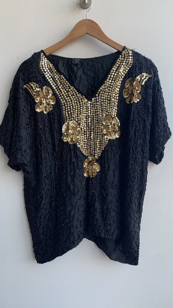 Pre-Owned Black/Gold Beaded Silk Cap Sleeve Top - Size X-Large