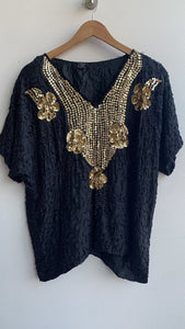 Pre-Owned Black/Gold Beaded Silk Cap Sleeve Top - Size X-Large