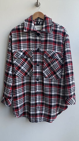 Pre-Owned Stradivarious Red/White/Black Houndstooth Print Shacket - Size Medium