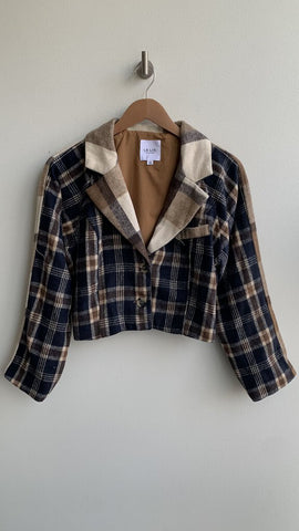 Pre-Owned Le Lis Brown/Navy Plaid Cropped Jacket - SIze X-Small