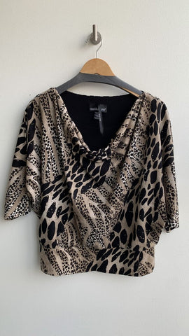 Pre-Owned Frank Lyman Tan/Black Studded Animal Print 3/4 Sleeve Top - Size 10