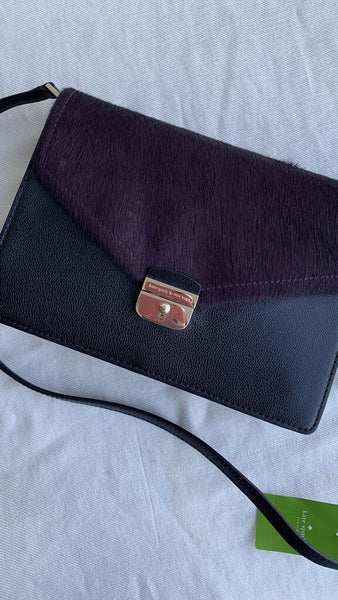 Pre-Owned Kate Spade Black Leather w/ Purple Calf Hair Envelope Crossbody (NWT)