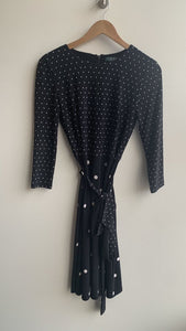 Pre-Owned Lauren Ralph Lauren Black Polka Dot Long Sleeve Belted Dress - Size 2