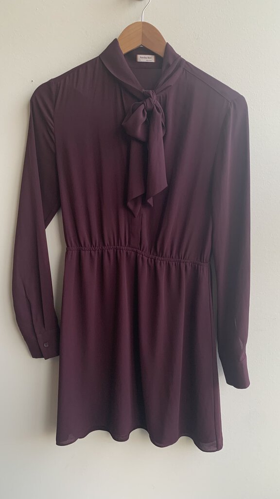 Pre-Owned Sunday Best Plum Sheer Long Sleeve Tie Collar Dress - SIze Small