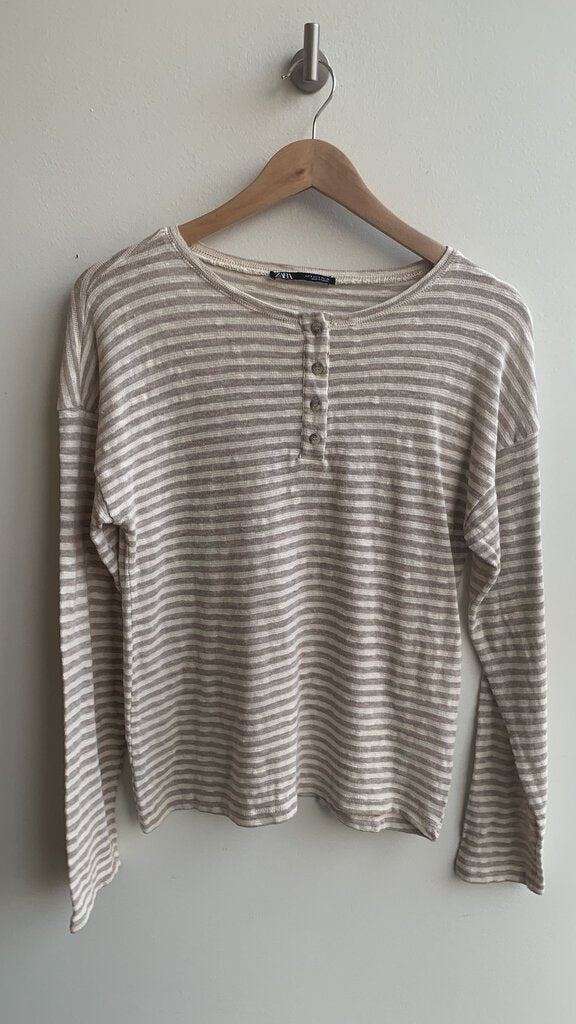 Pre-Owned Zara Cream/Taupe Stripe Long SLeeve Top - Size Small