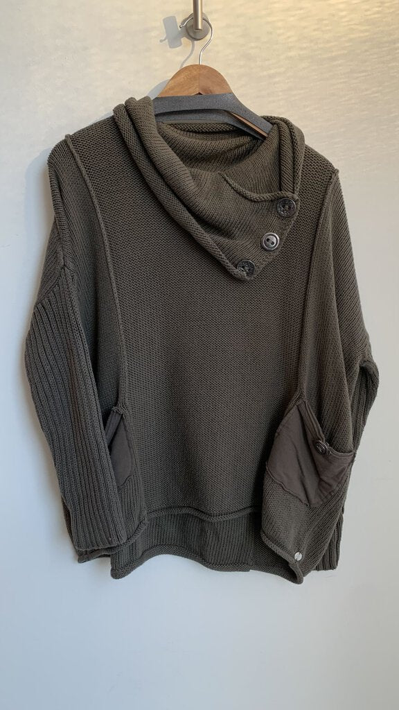 Pre-Owned Pure Handknit Khaki Green Button Cowl Neck Sweater - Size X-Large